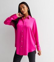 New Look Petite Bright Pink Satin Long Sleeve Oversized Shirt